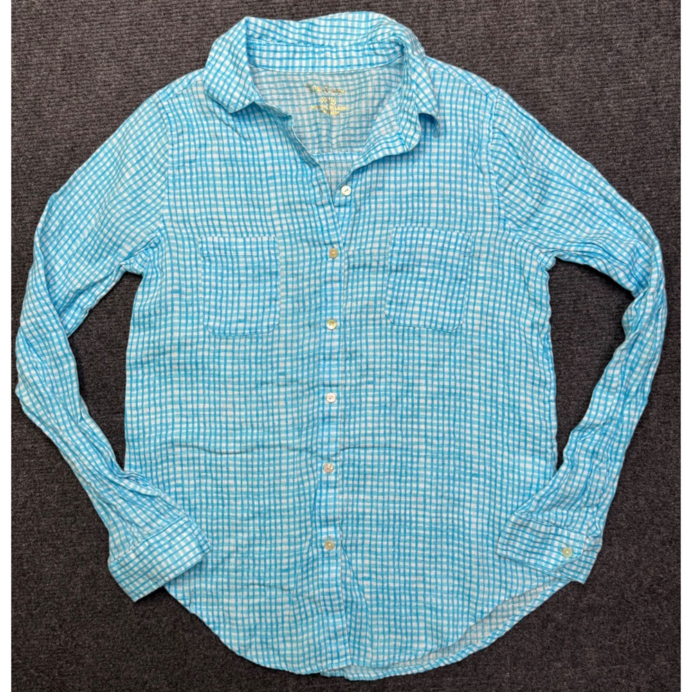 Lilly Pulitzer Sea View Linen Button Down Top Womens XXS Gingham Plaid Blue - Picture 1 of 7